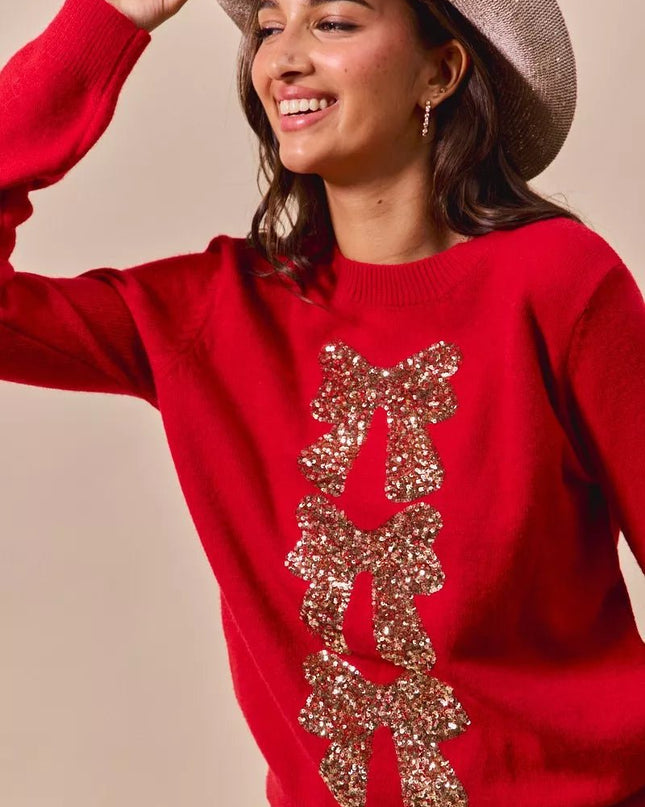 SO ME Sequins Bow Ribbon Embellished Christmas Sweater - Sleekdenim.com