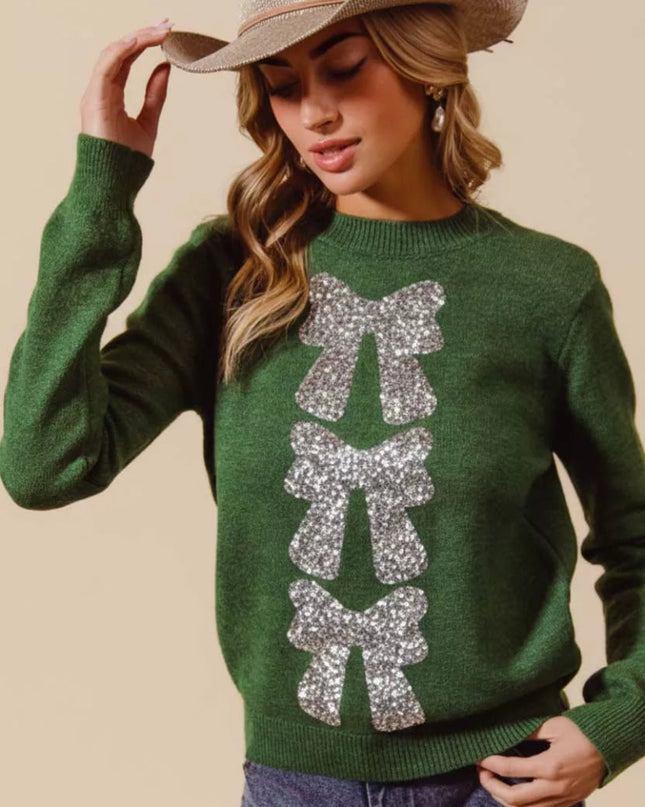SO ME Sequins Bow Ribbon Embellished Christmas Sweater - Sleekdenim.com