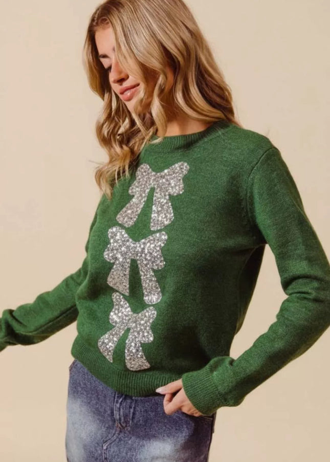 SO ME Sequins Bow Ribbon Embellished Christmas Sweater - Sleekdenim.com