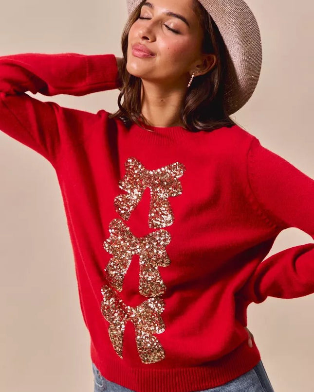 SO ME Sequins Bow Ribbon Embellished Christmas Sweater - Sleekdenim.com