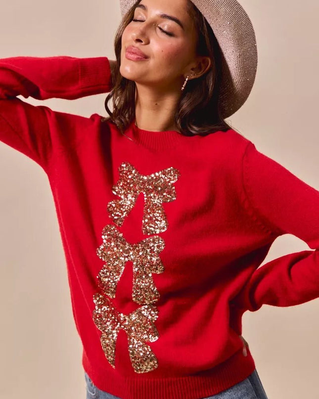 SO ME Sequins Bow Ribbon Embellished Christmas Sweater - Sleekdenim.com