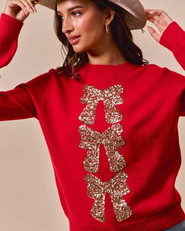 SO ME Sequins Bow Ribbon Embellished Christmas Sweater - Sleekdenim.com