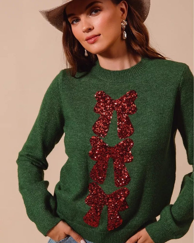 SO ME Sequins Bow Ribbon Embellished Christmas Sweater - Sleekdenim.com