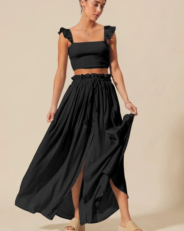 SO ME Smocked Top and Flowy Maxi Skirt Set - Sleekdenim.com