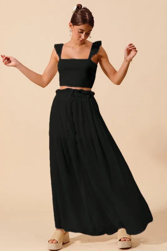 SO ME Smocked Top and Flowy Maxi Skirt Set - Sleekdenim.com