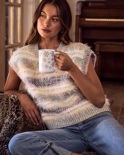 SO ME Soft Fuzzy Multi Color Stripe Cozy Sweater Top - Sleekdenim.com