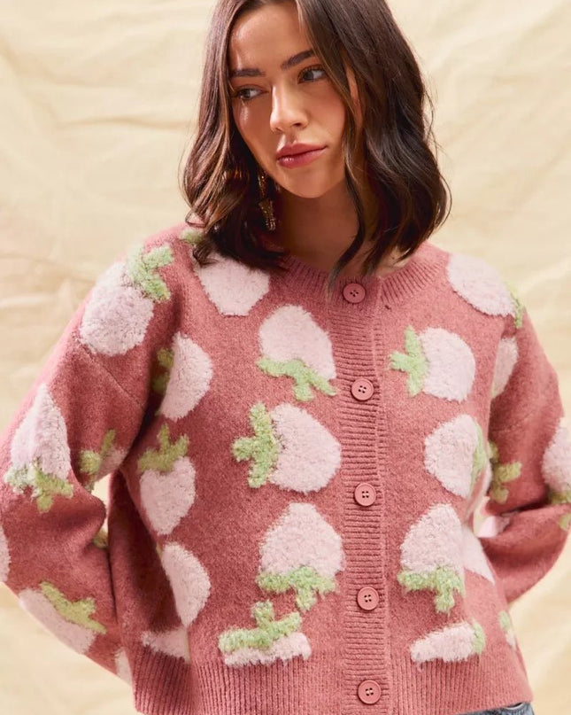 SO ME Strawberry Fruit All Over Button Sweater Cardigan - Sleekdenim.com