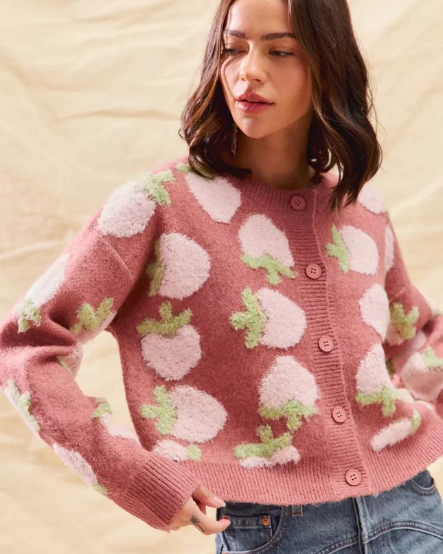 SO ME Strawberry Fruit All Over Button Sweater Cardigan - Sleekdenim.com
