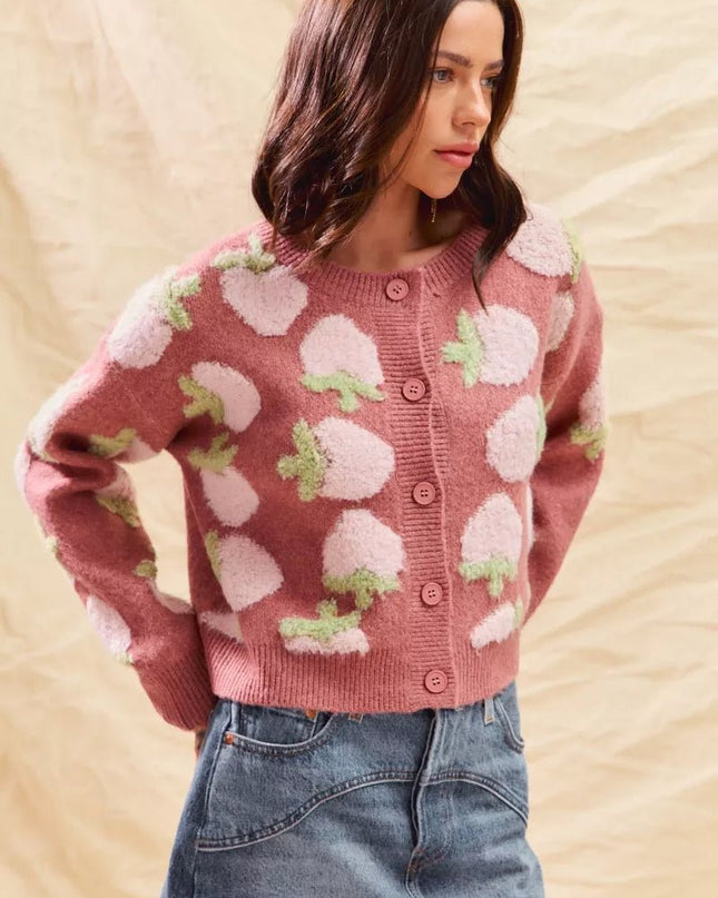 SO ME Strawberry Fruit All Over Button Sweater Cardigan - Sleekdenim.com