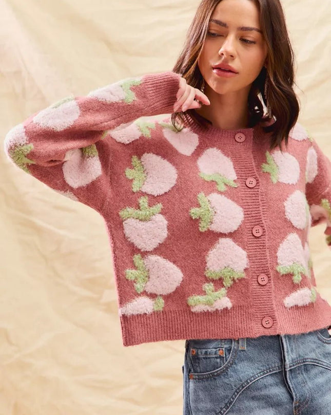 SO ME Strawberry Fruit All Over Button Sweater Cardigan - Sleekdenim.com