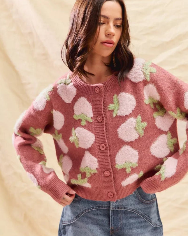 SO ME Strawberry Fruit All Over Button Sweater Cardigan - Sleekdenim.com