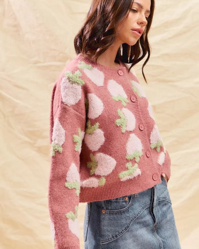 SO ME Strawberry Fruit All Over Button Sweater Cardigan - Sleekdenim.com