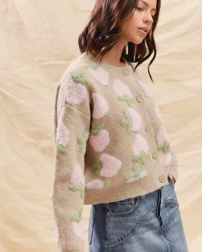 SO ME Strawberry Fruit All Over Button Sweater Cardigan - Sleekdenim.com