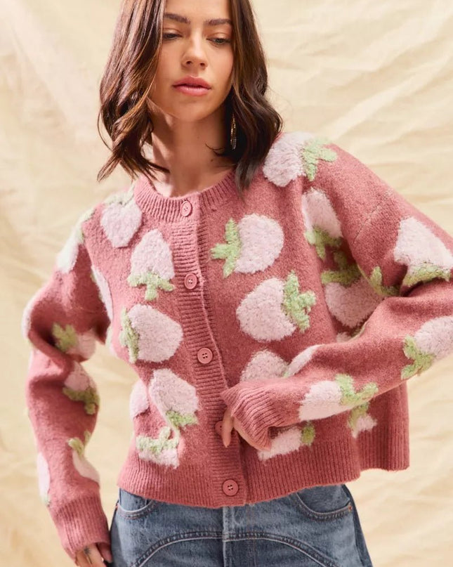 SO ME Strawberry Fruit All Over Button Sweater Cardigan - Sleekdenim.com