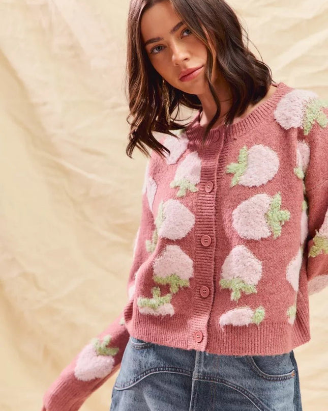 SO ME Strawberry Fruit All Over Button Sweater Cardigan - Sleekdenim.com