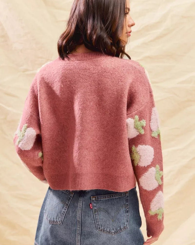 SO ME Strawberry Fruit All Over Button Sweater Cardigan - Sleekdenim.com