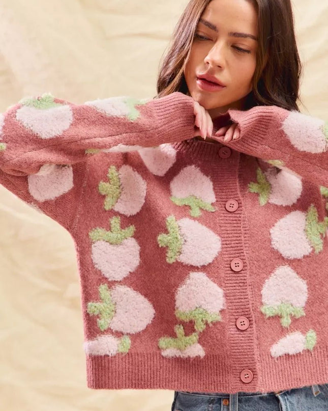 SO ME Strawberry Fruit All Over Button Sweater Cardigan - Sleekdenim.com