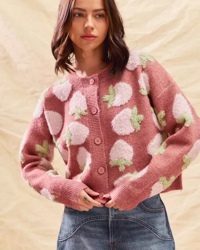 SO ME Strawberry Fruit All Over Button Sweater Cardigan - Sleekdenim.com