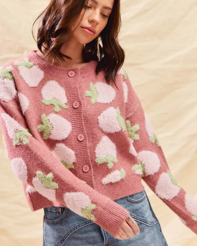 SO ME Strawberry Fruit All Over Button Sweater Cardigan - Sleekdenim.com