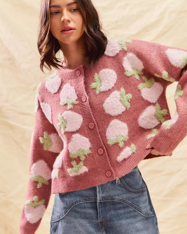 SO ME Strawberry Fruit All Over Button Sweater Cardigan - Sleekdenim.com