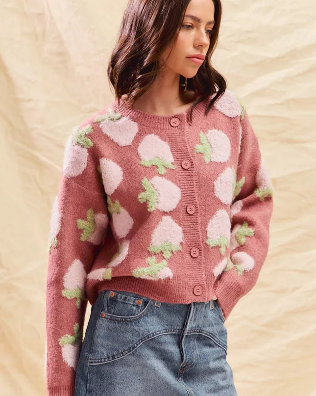 SO ME Strawberry Fruit All Over Button Sweater Cardigan - Sleekdenim.com