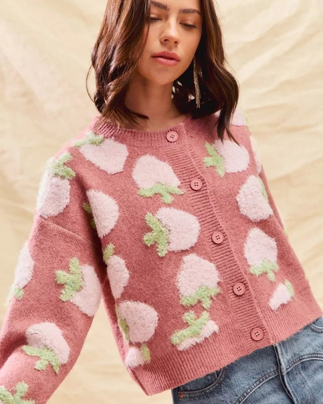 SO ME Strawberry Fruit All Over Button Sweater Cardigan - Sleekdenim.com