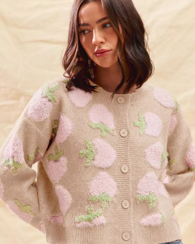 SO ME Strawberry Fruit All Over Button Sweater Cardigan - Sleekdenim.com