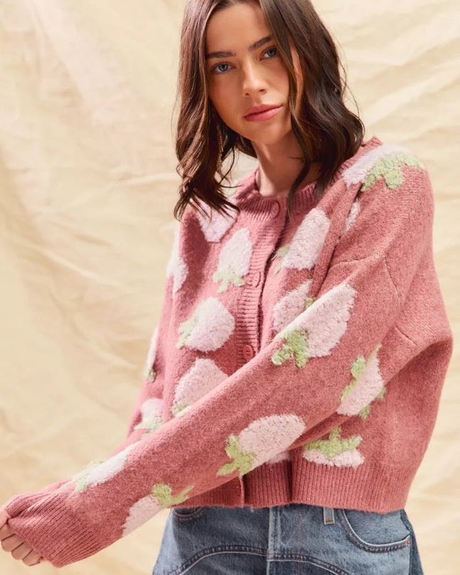 SO ME Strawberry Fruit All Over Button Sweater Cardigan - Sleekdenim.com