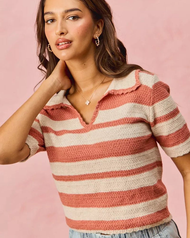 SO ME Stripe Short Sleeve Cropped Sweater - Sleekdenim.com