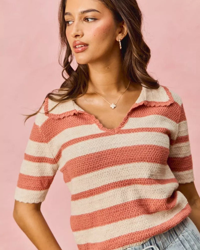 SO ME Stripe Short Sleeve Cropped Sweater - Sleekdenim.com