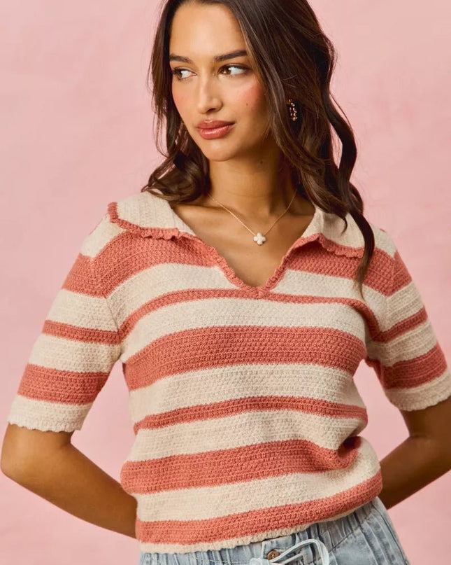 SO ME Stripe Short Sleeve Cropped Sweater - Sleekdenim.com