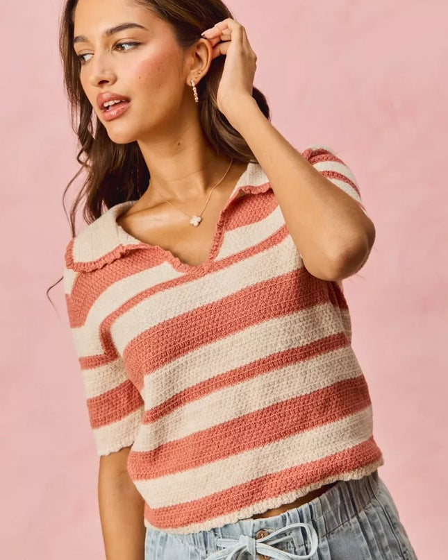 SO ME Stripe Short Sleeve Cropped Sweater - Sleekdenim.com