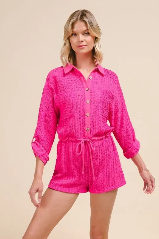 SO ME Textured Knit Button Front Romper - Sleekdenim.com