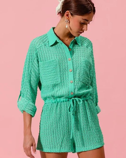 SO ME Textured Knit Button Front Romper - Sleekdenim.com