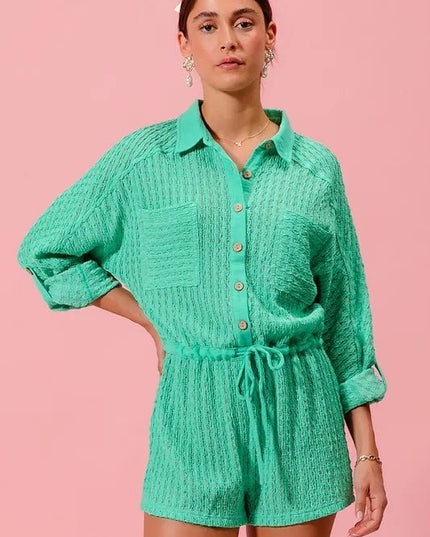 SO ME Textured Knit Button Front Romper - Sleekdenim.com