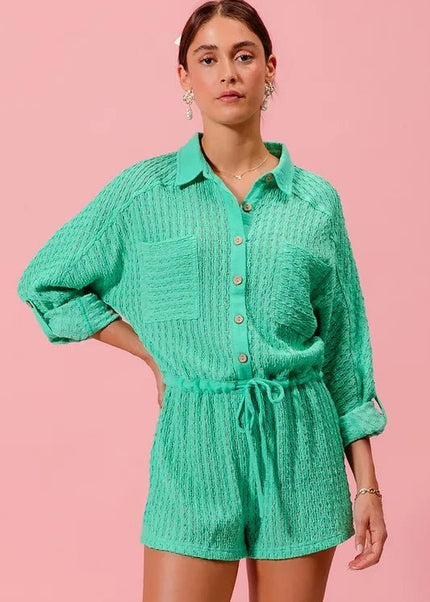 SO ME Textured Knit Button Front Romper - Sleekdenim.com