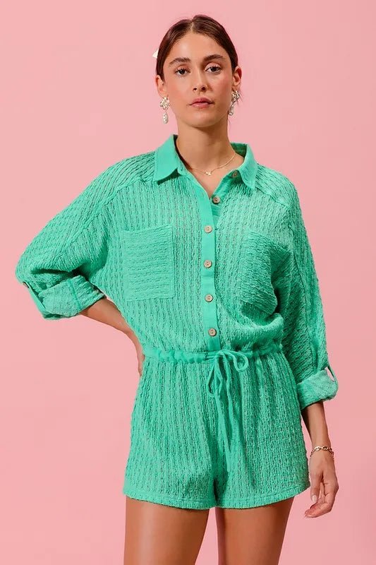 SO ME Textured Knit Button Front Romper - Sleekdenim.com