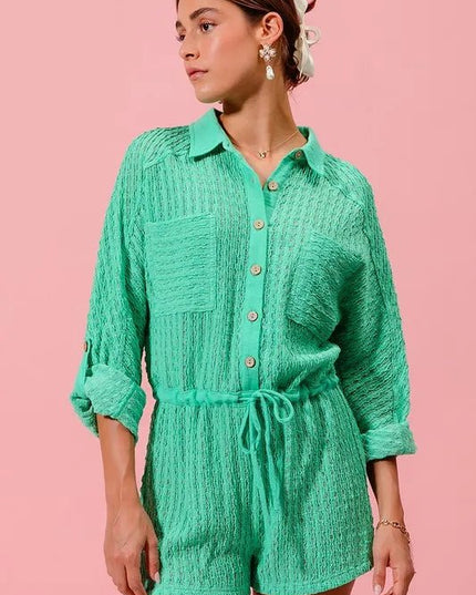 SO ME Textured Knit Button Front Romper - Sleekdenim.com