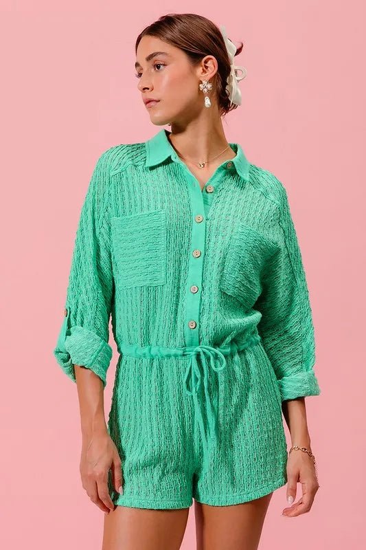 SO ME Textured Knit Button Front Romper - Sleekdenim.com