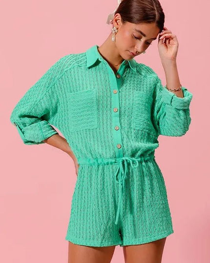 SO ME Textured Knit Button Front Romper - Sleekdenim.com