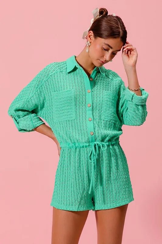 SO ME Textured Knit Button Front Romper - Sleekdenim.com