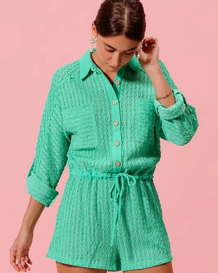 SO ME Textured Knit Button Front Romper - Sleekdenim.com