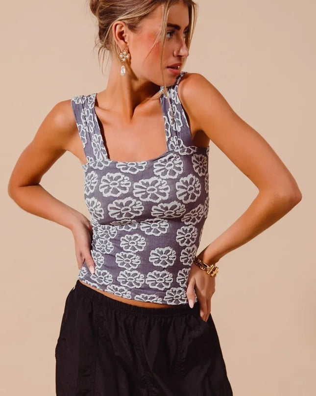 SO ME Two Tone Floral Seamless Tank Top - Sleekdenim.com