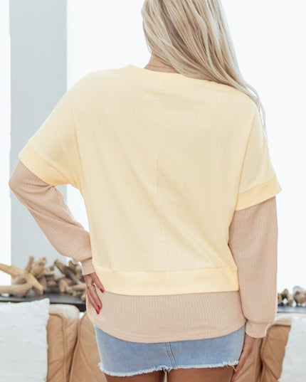 Solid Faux Layered Patchwork Crewneck Sweatshirt - Sleekdenim.com