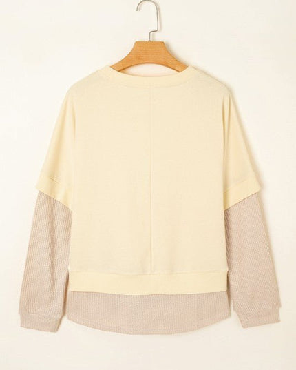 Solid Faux Layered Patchwork Crewneck Sweatshirt - Sleekdenim.com