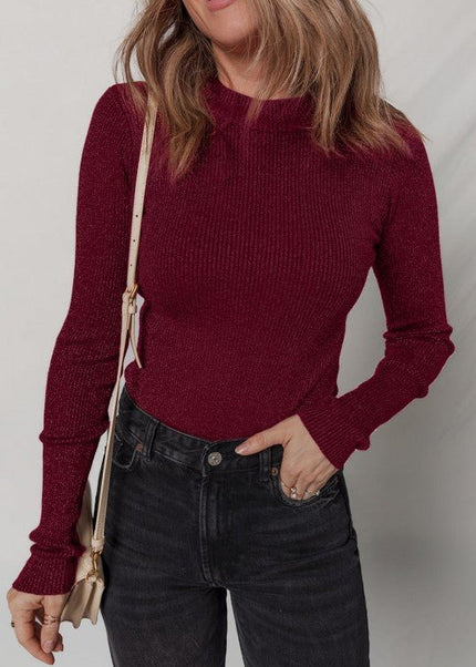 Solid Metallic Ribbed Knit Long Sleeve Top - Sleekdenim.com