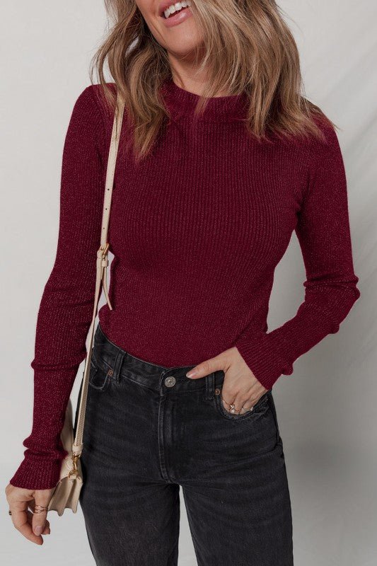 Solid Metallic Ribbed Knit Long Sleeve Top - Sleekdenim.com
