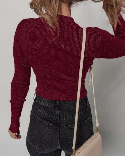 Solid Metallic Ribbed Knit Long Sleeve Top - Sleekdenim.com