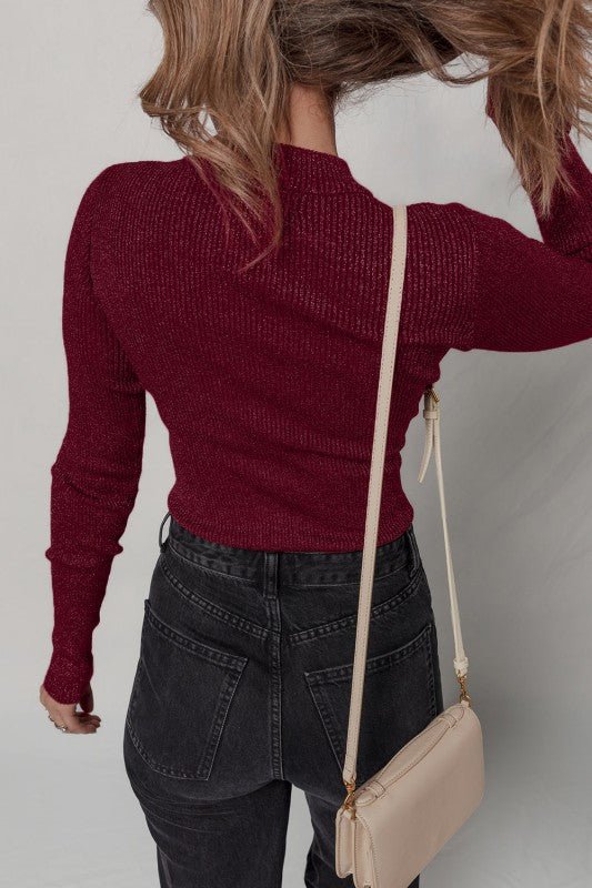 Solid Metallic Ribbed Knit Long Sleeve Top - Sleekdenim.com