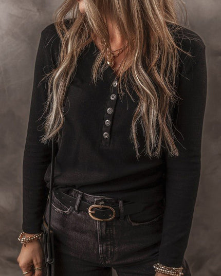Solid Ribbed V - Neck Buttoned Long Sleeve Top - Sleekdenim.com
